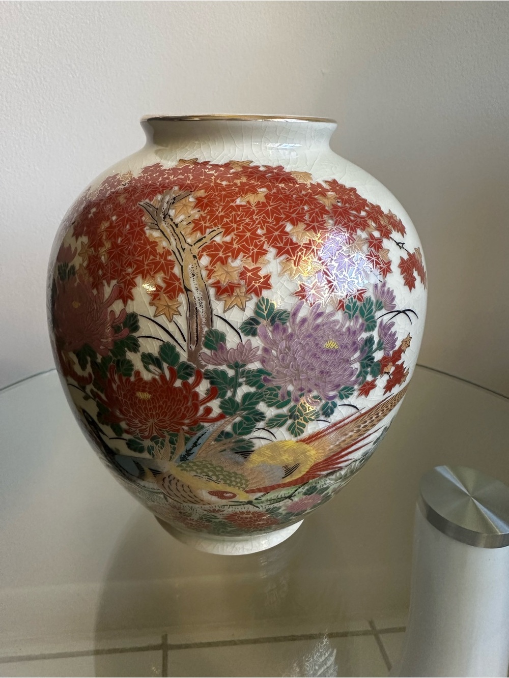 Vintage Japanese Satsuma Vase Pheasant Birds Chrysanthemums Maple Gold